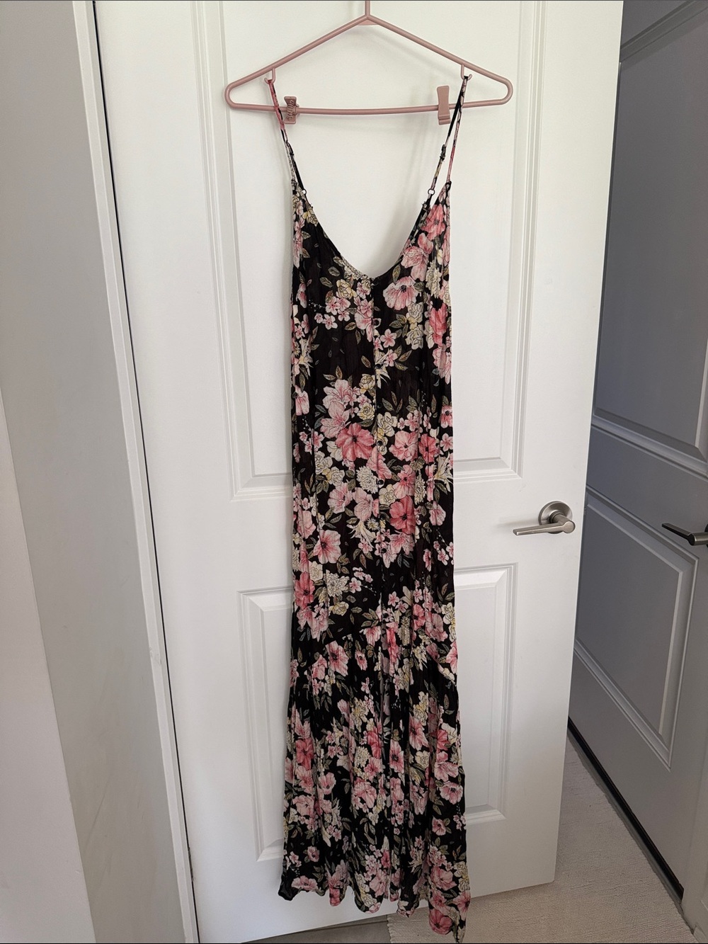 Billabong Black Floral Slip Maxi Dress with Pink Blooms